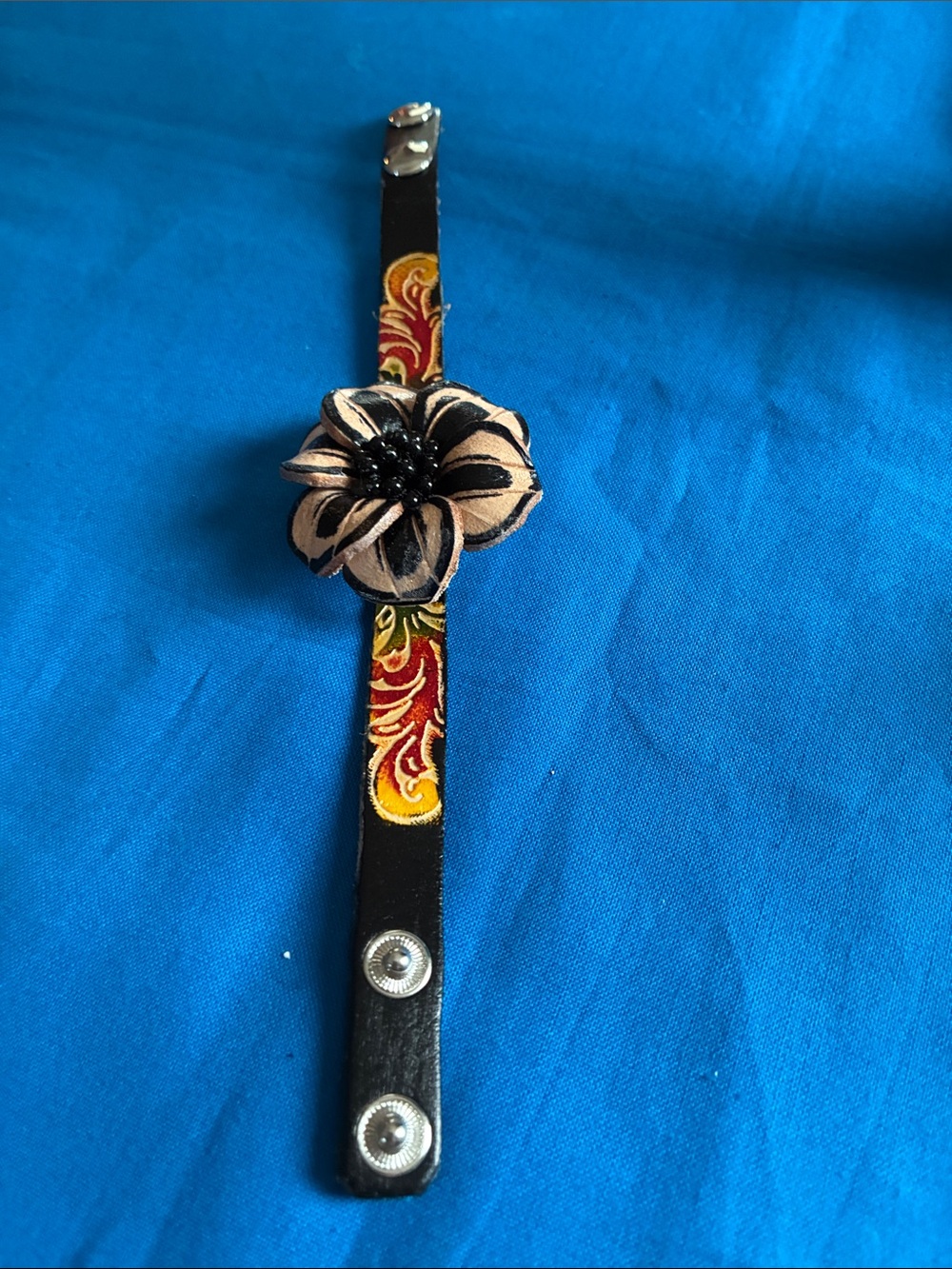 Homemade Leather Snap Bracelet with Beige Flower